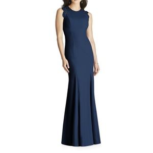 NWT Dessy Collection Sleeveless Crepe Column Trumpet Gown with Lace in Navy